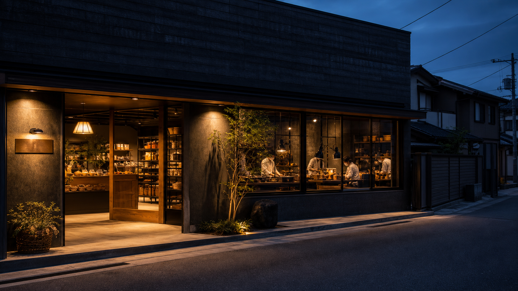 夕暮れのスーパーまちお店舗と店内工房